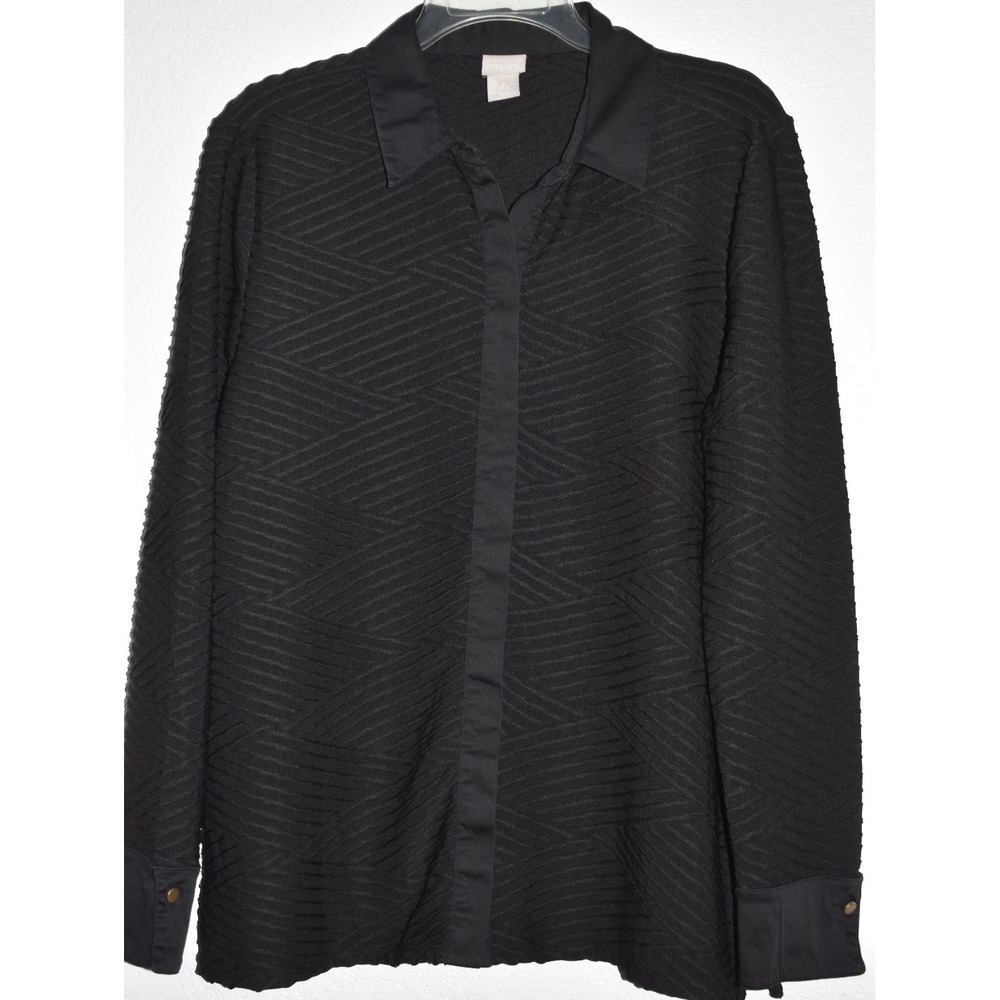 CHICOS Textured‎ Stretch Long Sleeve Collared Button Front Shirt Black  2/ Large